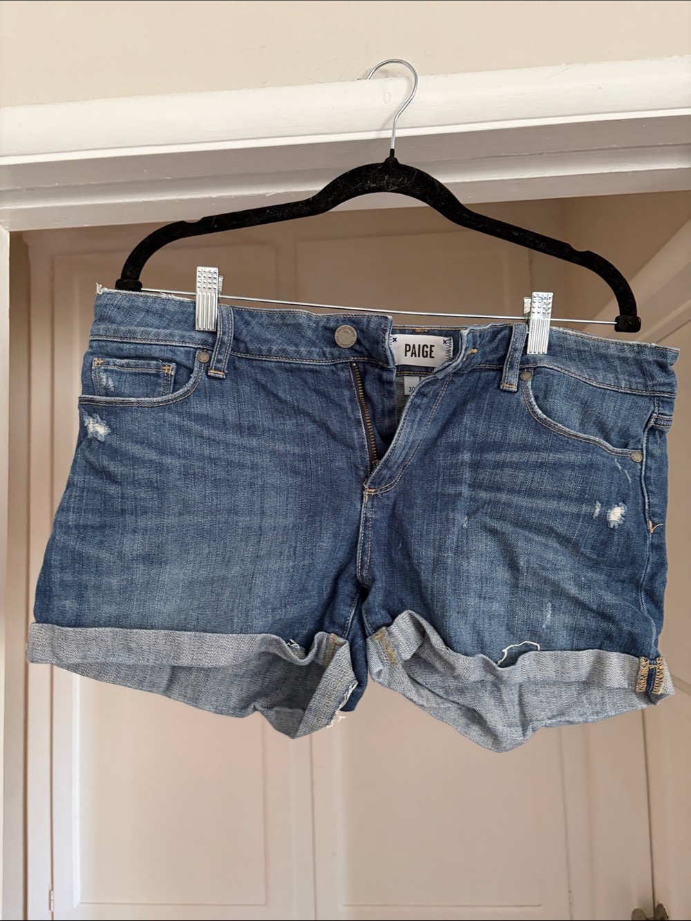 PAIGE Distressed Medium Blue Denim Roll-Cuff Shorts